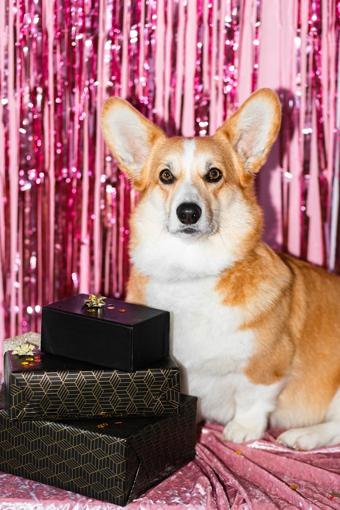 Adorable corgi with presents in a vibrant pink party setting. Perfect for festive occasions.